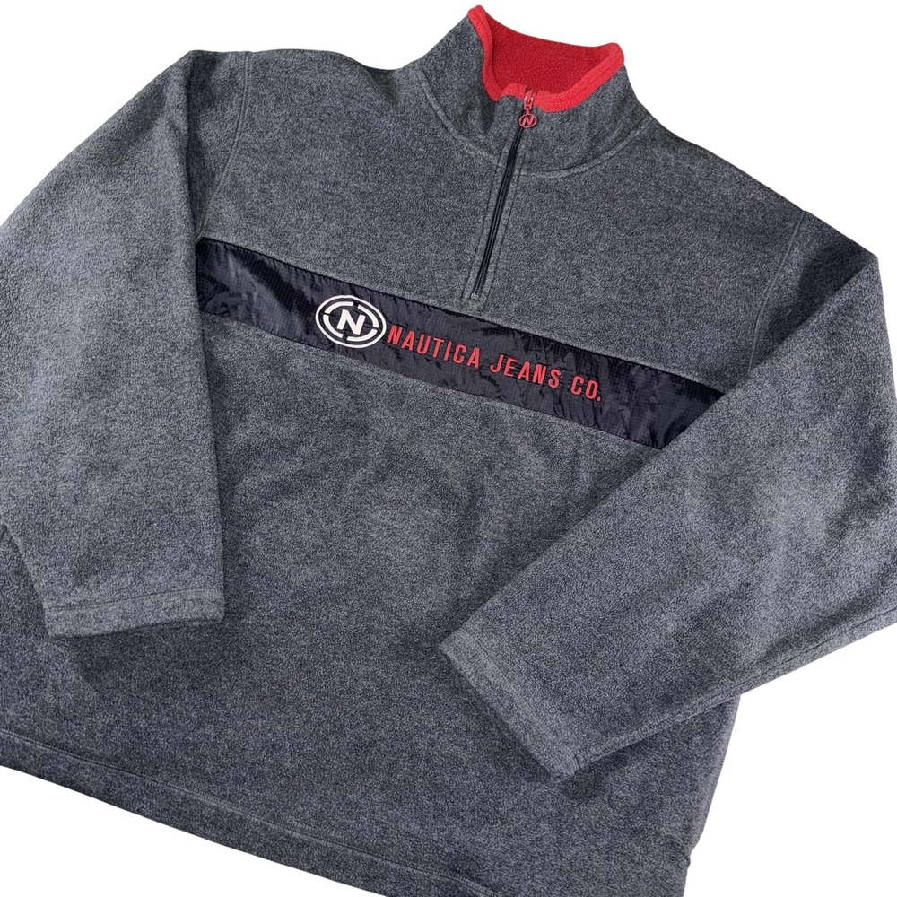 Nautica Jeans Company Sweatshirt Mens 2XL Gray 1/4 Zip Mock Neck Fleece Pullover